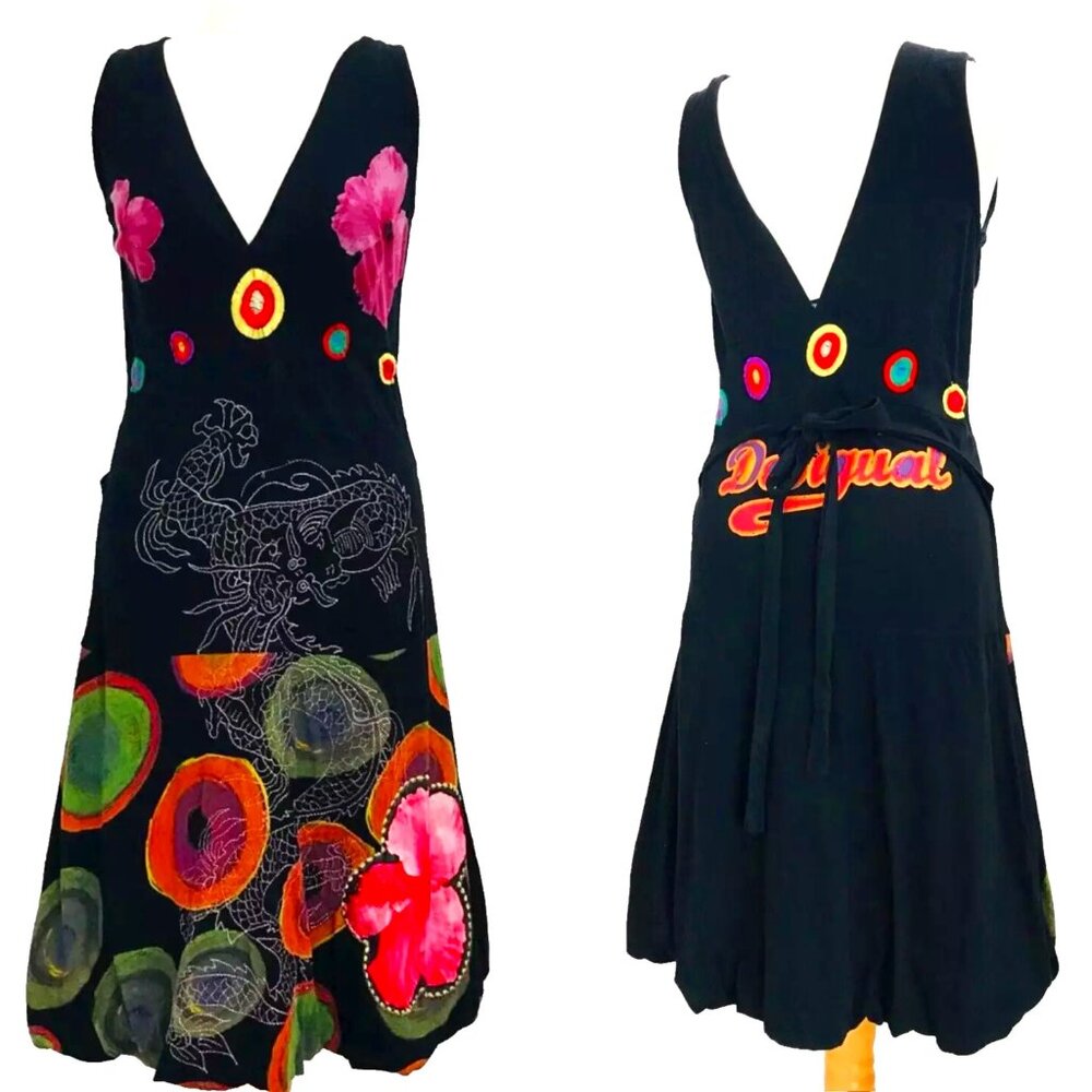 SOLD! DESIGUAL Swing Dress V-neck Floral Rio Flowers Dragons Print Embroidery M - Picture 1 of 13